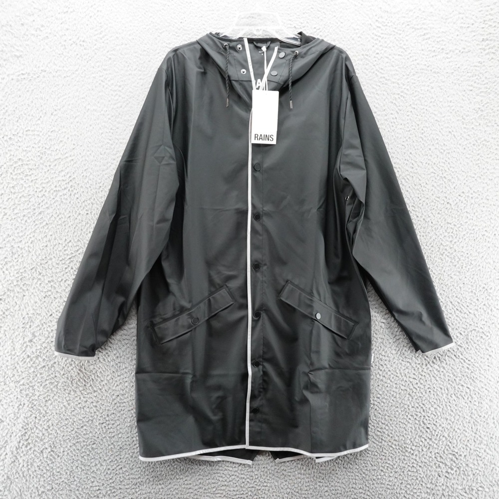 Rains Black Hooded Raincoat with White Trim